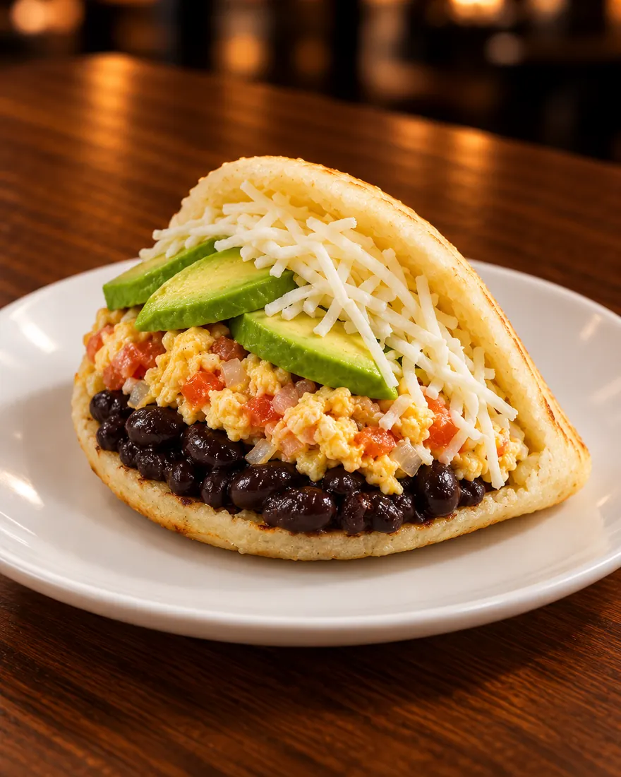 Arepa de caraotas — Black beans, perico, shredded cheese & avocado