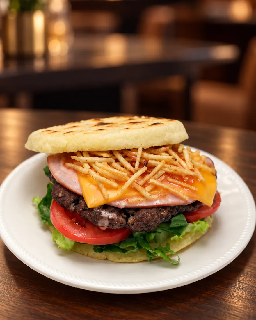 Burger arepa — Our burger, served on an arepa
