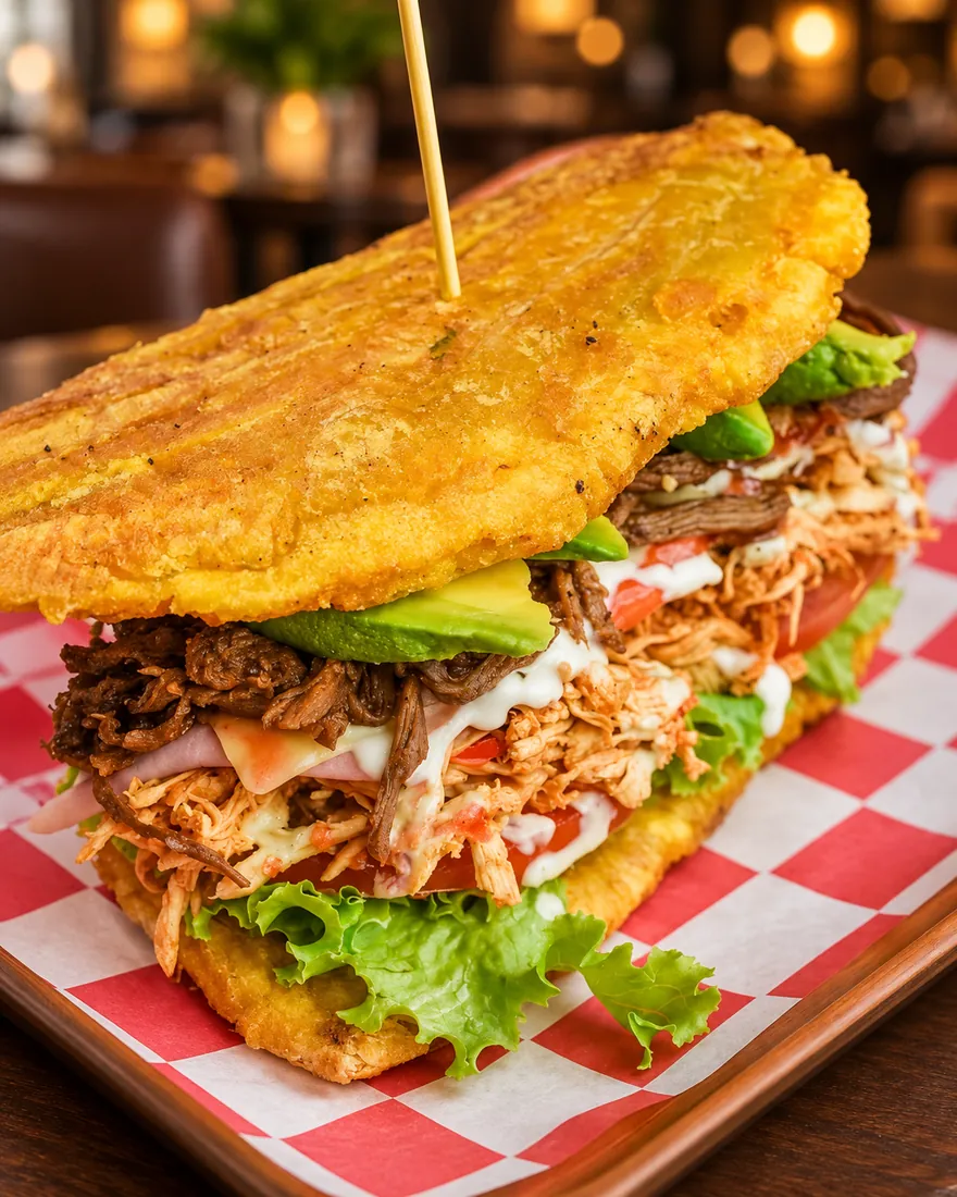 Patacón — Fried green plantain sandwich