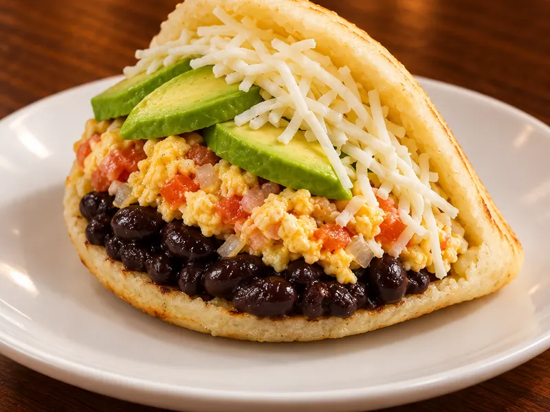 Arepa de caraotas — Black beans, perico, shredded cheese & avocado