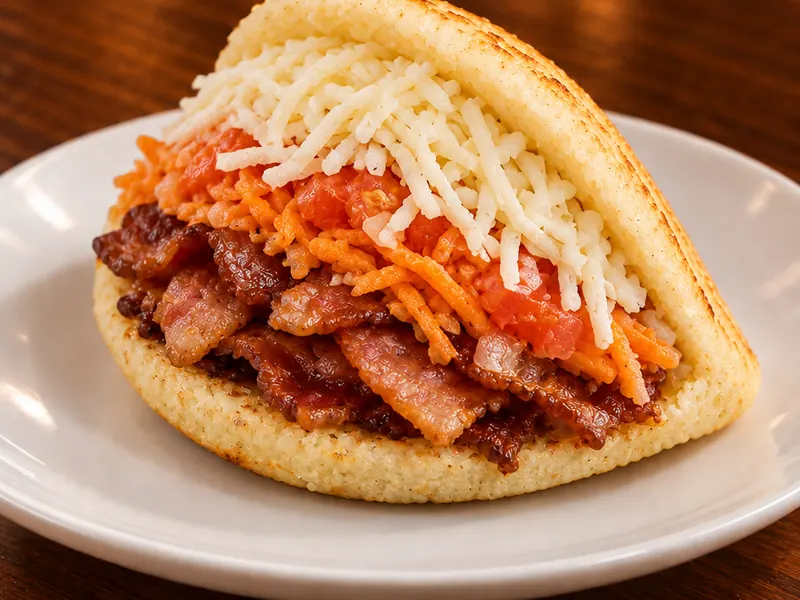 Arepa con tocineta — Bacon, carrot-tomato salad & shredded cheese