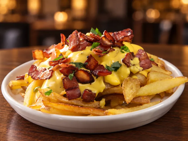 Papas con tocineta y queso — Fries with bacon & cheese